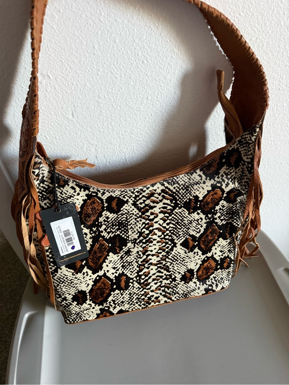 American Darling Snake-Print Shoulder Bag in Brown and Cream
